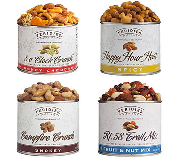 FERIDIES Sweet and Spicy Snack Mix Assortment - 4 Piece Set - Includes Rt.58 Trail Mix, Campfire Crunch, Happy Hour Heat, 5O Clock Crunch