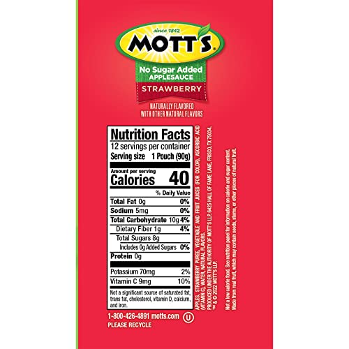 Motts No Sugar Added Strawberry Applesauce, 3.2 oz clear pouches, 12 count