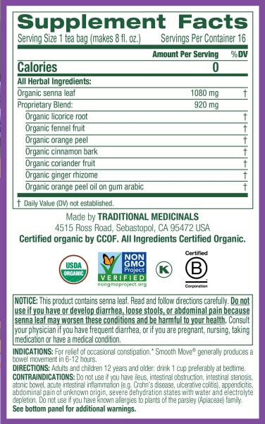 Traditional Medicinals Organic Smooth Move With Senna Herbal Tea, Relieves Occasional Constipation, (Pack Of 6) - 96 Tea Bags To