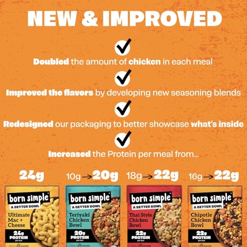 Born Simple Ready to Eat Meals  Variety Pack |Includes Chipotle  Teriyaki  Thai Chicken & Ultimate Mac and Cheese|IMPROVED RECIPE - High Protein  Prepared Meal  Microwavable Entree  11 oz (Pack of 4)