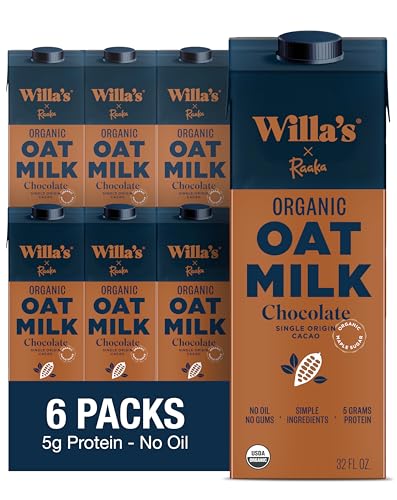 Willas Organic Oat Milk - Chocolate Unsweetened Cacao Oatmilk, Non-GMO, Shelf Stable, Low Sugar, Non-Dairy Milk, Made from Whol