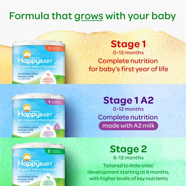 Happy Baby Organics Stage 1 A2 Infant Formula, 0-12 Months, Milk Based Organic Baby Formula Powder with A2 Milk, Probiotics & Pr