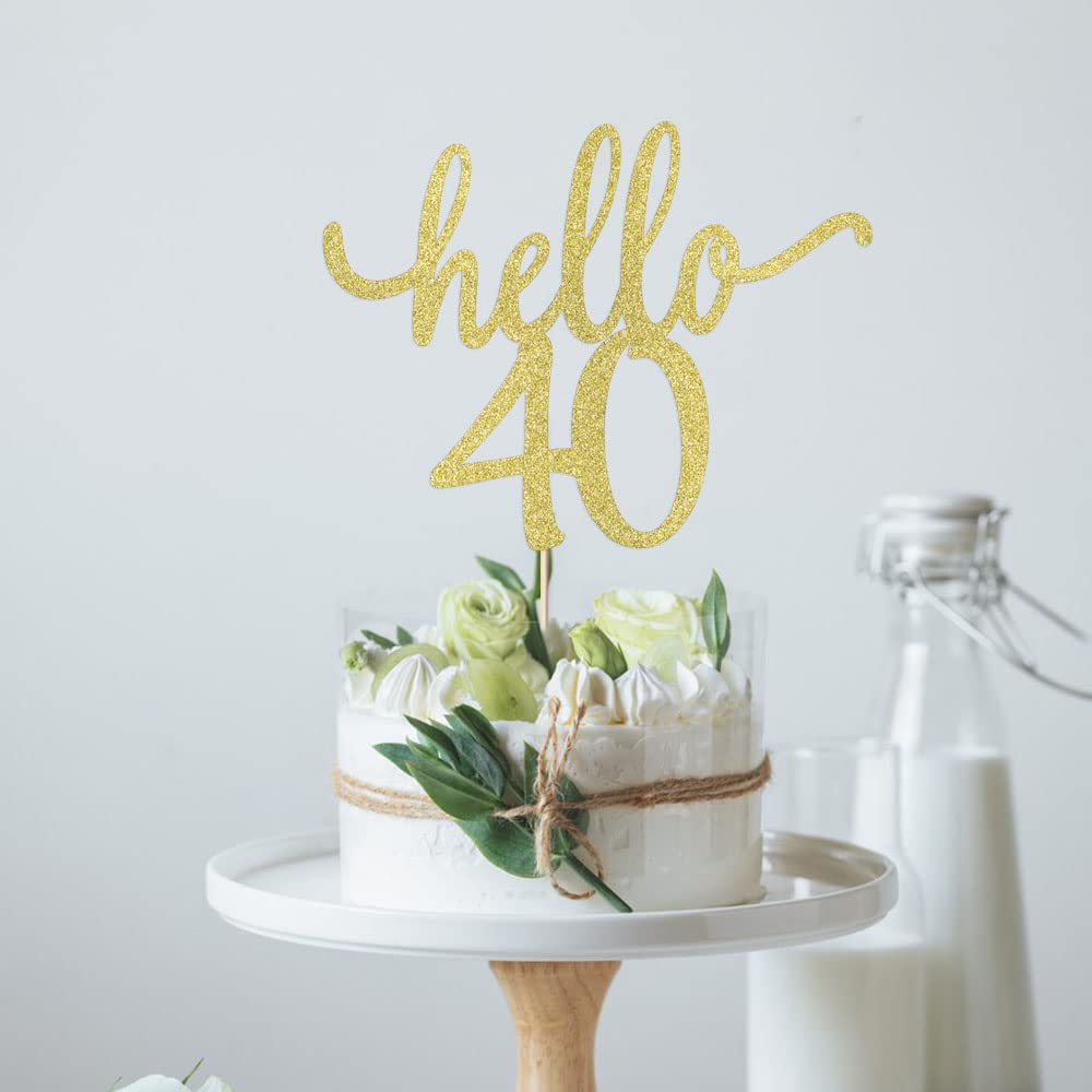 Sodasos Golden Glitter Hello 40 Cake Topper - Cheer To 40Th Years - 40 And Fabulous Cake Topper - Wedding Anniversary Party Sign
