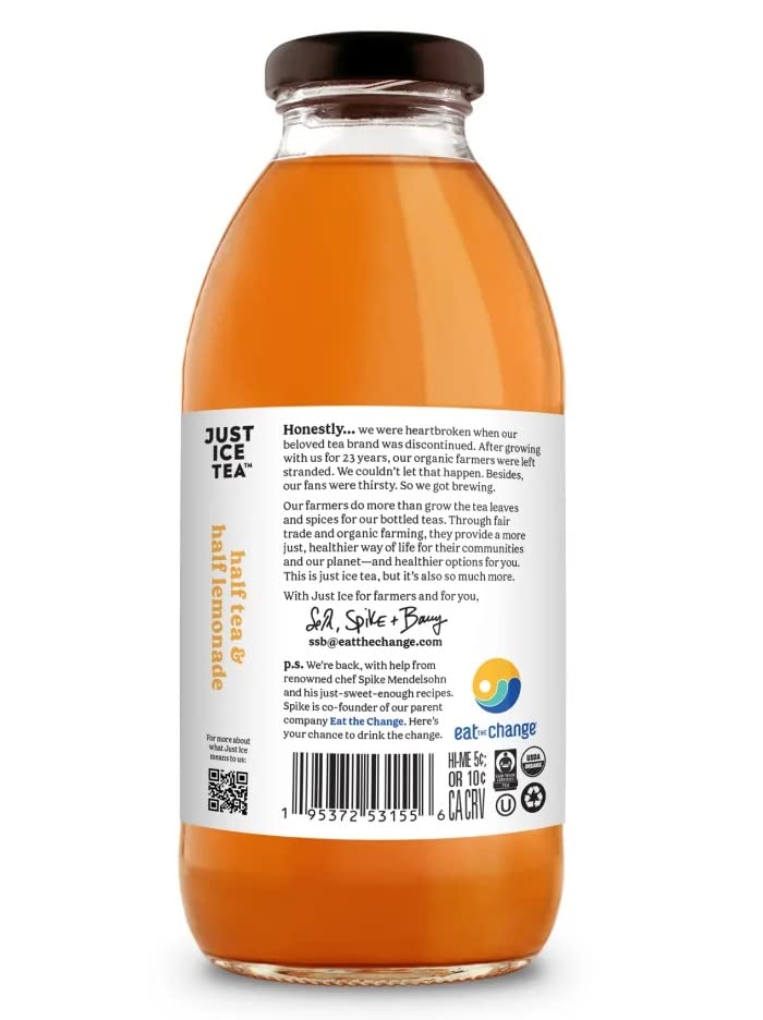 Just Ice Tea Organic Iced Tea, 16 Fl Oz Glass Bottles (Half Tea & Half Lemonade, Pack Of 12)