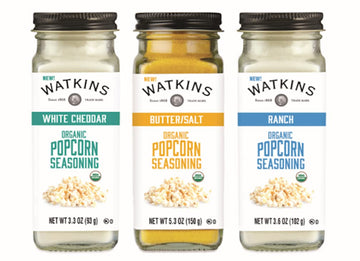 Watkins Popcorn Seasoning Multi-Flavor Variety Pack, 3-Pack (1 White Cheddar 3.3 Oz., 1 Butter/Salt 5.3 Oz., 1 Ranch 3.6 Oz.)