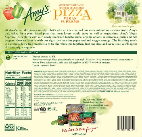Amys Frozen Pizza, Supreme Vegan Pizza, Made With Organic Flour and Vegetables, Frozen Meals, 14.0 Oz