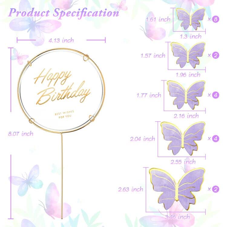 BHNKGZNA 13 Pieces Butterfly Cake Toppers 3D Pink Gold Decorations for Birthday Party Wedding Baby Shower, Purple Cardstock, Model RIT01