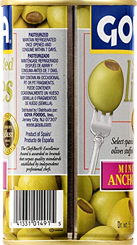 Goya Foods Manzanilla Olives Stuffed with Anchovies, 5.25 oz, Pack of 12