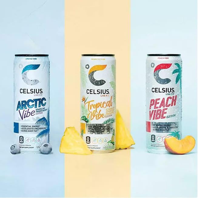 Celsius-Energy Sparkling Vibe Variety Pack, 12 Fl. Oz., 6 Pack - Peach, Tropical, And Arctic Vibe (6 Pack)