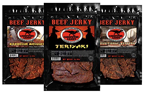 Jurassic Jerky Beef Jerky Variety Pack - Teriyaki, Barbecue Mesquite, Traditional - 3 oz bags (Pack of 3) - High Protein Snack