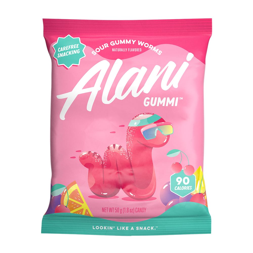 Alani Gummis Sour Gummy Worms Low Sugar Gummy Candy (6G) | 90 Calories per Bag | On-The-Go Snacks | Gluten Free | 6G of Fiber | 