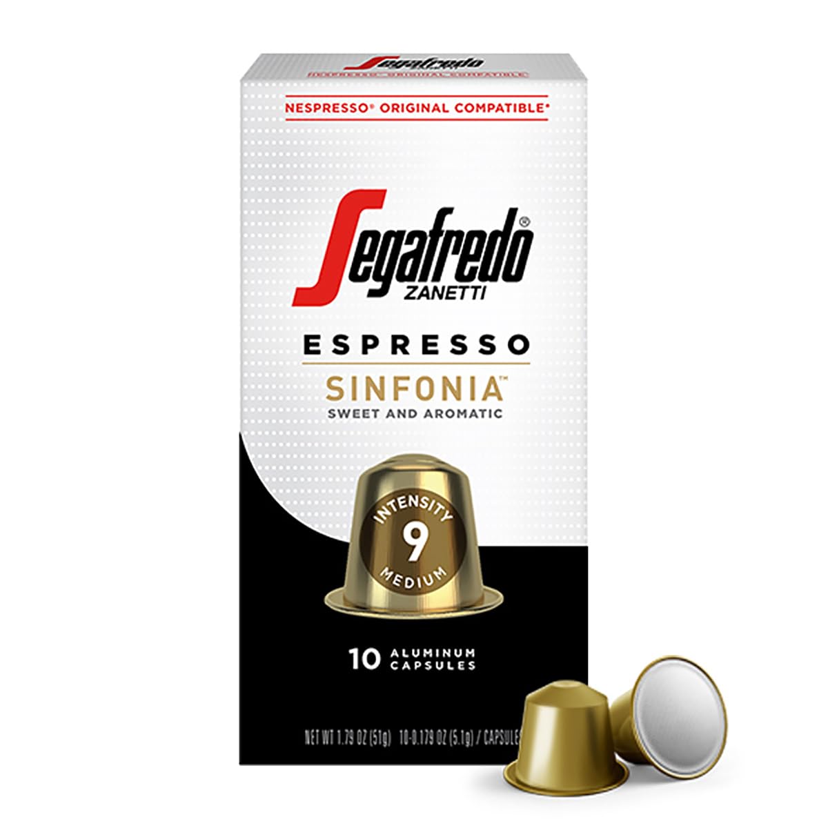 Segafredo Zanetti Espresso Capsules - Medium Roast, Intensity 9, Aluminum Pods for Nespresso Original Machines, 10 Count