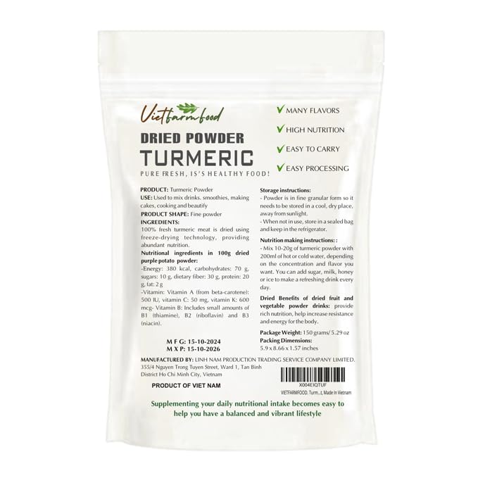 Turmeric Powder 5.29 Oz (150G) Vietfarmfood: Freeze-Dried Extracted From 100% Pure, Sugar-Free. Used To Mix Mixed Drinks Fresh F