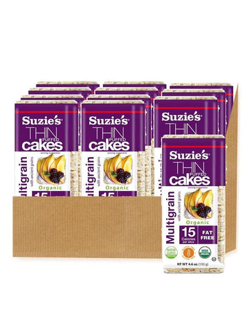 Suzie's Organic Multigrain Rice Cake Thins|Pack of 12|USDA Organic, NON-GMO, Fat-Free, Sugar-Free, Gluten-Free|Low-Calorie Snack