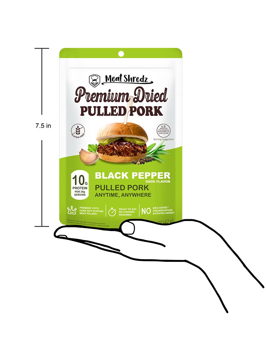 Meat Shredz - Enhanced Dried Pulled Pork (Black Pepper, 4 Pack) | Gluten Free | High Protein & Low Sugar | Bacon Bits | Dehydrated Backpacking & Camping Food | Shredded, Dried Jerky Chew Snack