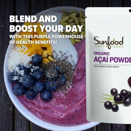Sunfood Superfoods Organic Acai Powder - Acai Powder Organic, Acai Powder for Smoothie Bowles, Dried Acai Berry Mix with Antioxi