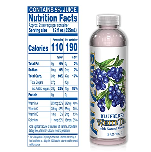 AriZona Blueberry White Tea - Iced Tea, Premium Brewed, 20 Fl Oz (Pack of 12)