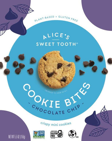 Alices Sweet Tooth Chocolate Chip Cookie Bites - Gluten-Free, Vegan, Dairy-Free, Crunchy Mini-Cookies - 5.5 ounces