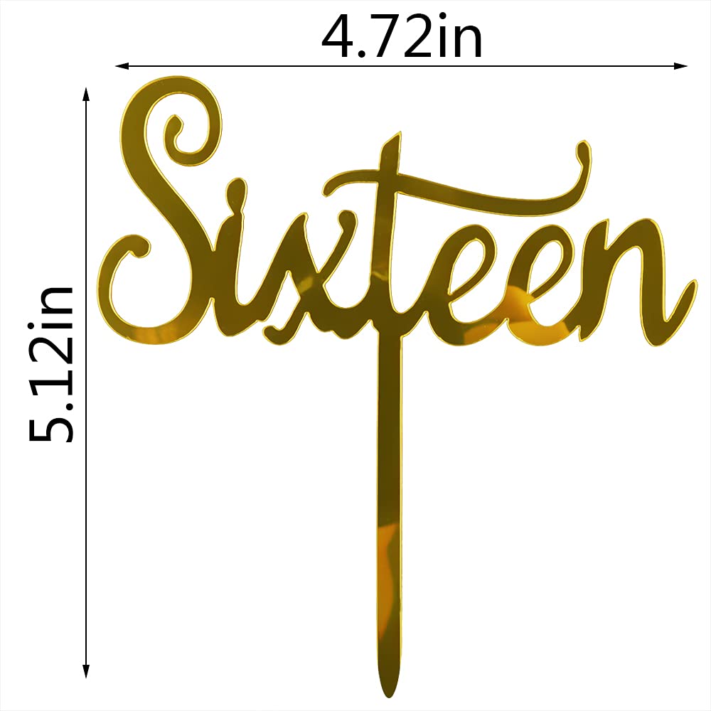 Qertesl Acrylic Sixteen Cake Topper,16Th Birthday Cake Toppers, 16Th Anniversary Party Decorations Supplies- Double Sided Gold G