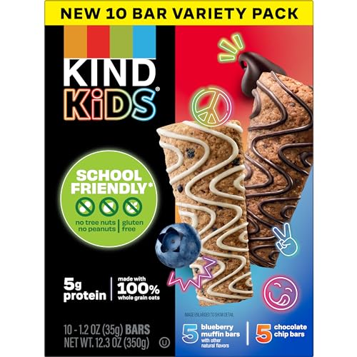 KIND Kids School Friendly Blueberry Muffin and Chocolate Chip Oat Bars Variety Pack  Tree Nut Free  Peanut Free  Gluten Free  Made With Whole Grain Oats  5g Protein  10 Count