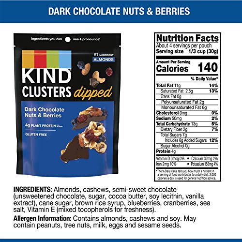 KIND Snack Clusters Dipped, Dark Chocolate Nuts & Berries, Gluten Free, 4g Protein, 4 Ounce , 8Count