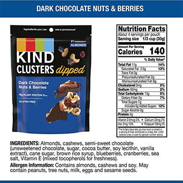 KIND Snack Clusters Dipped, Dark Chocolate Nuts & Berries, Gluten Free, 4g Protein, 4 Ounce , 8Count
