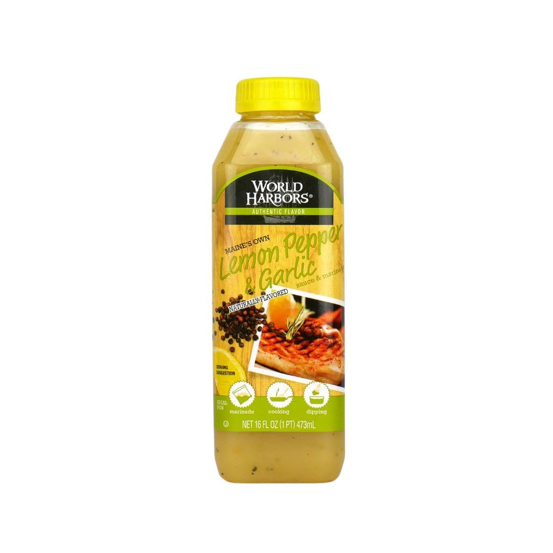 World Harbors Lemon Pepper Garlic Sauce & Marinade, Made in Maine, Ideal for Chicken Wings, Seafood, Grilled Meats, Salads, Stir
