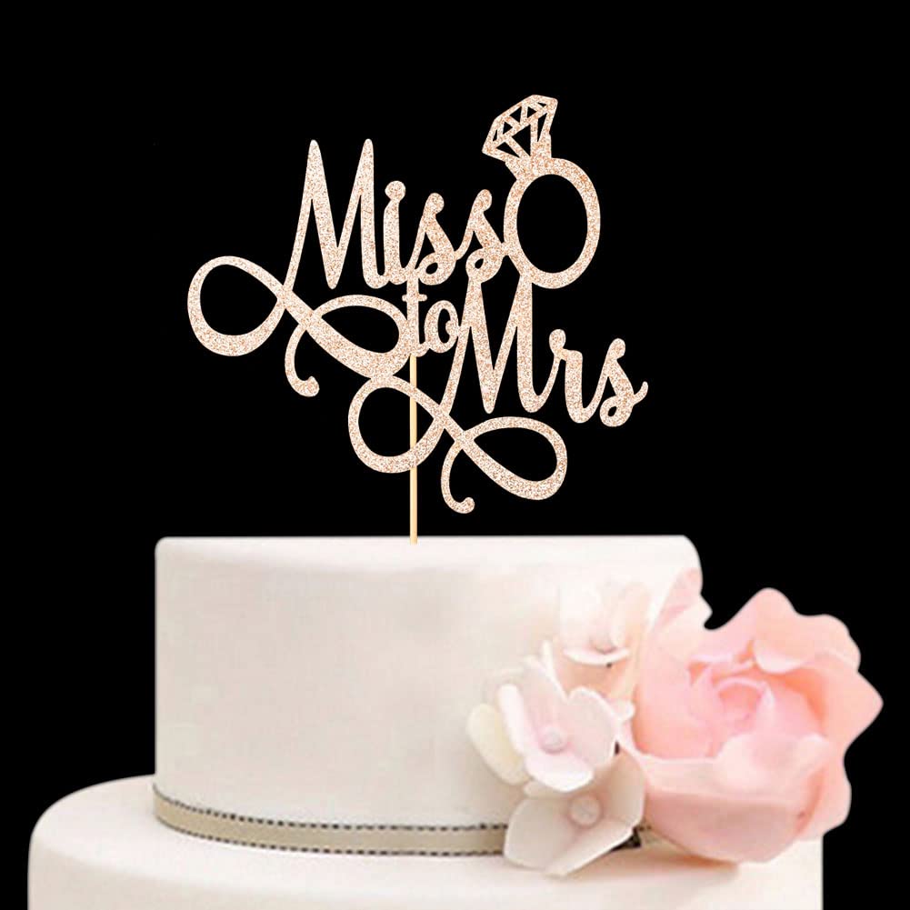 Miss To Mrs Cake Topper, Glitter Wedding Engagement Bridal Shower Bachelorette Party Decorations Supplies, Rose Gold