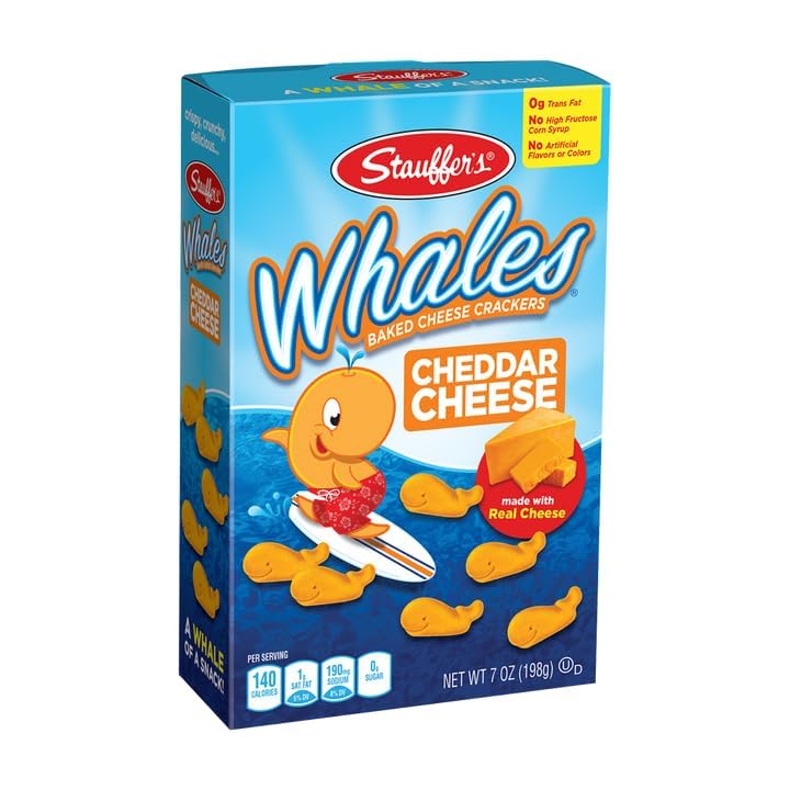 STAUFFERS WHALES Baked Cheddar Crackers - 12 Count, 7oz Boxes - Cheese Cracker Snacks for the Family