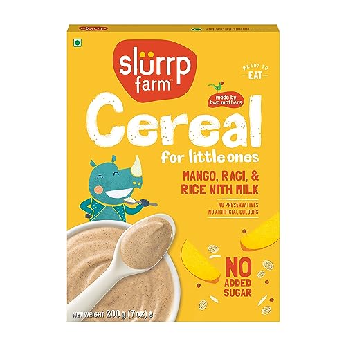 Slurrp Farm Cereal, Ragi, Rice and Mango with Milk, Instant Healthy Food, NO Sugar NO Salt, Made with Natural Grains and Dates P