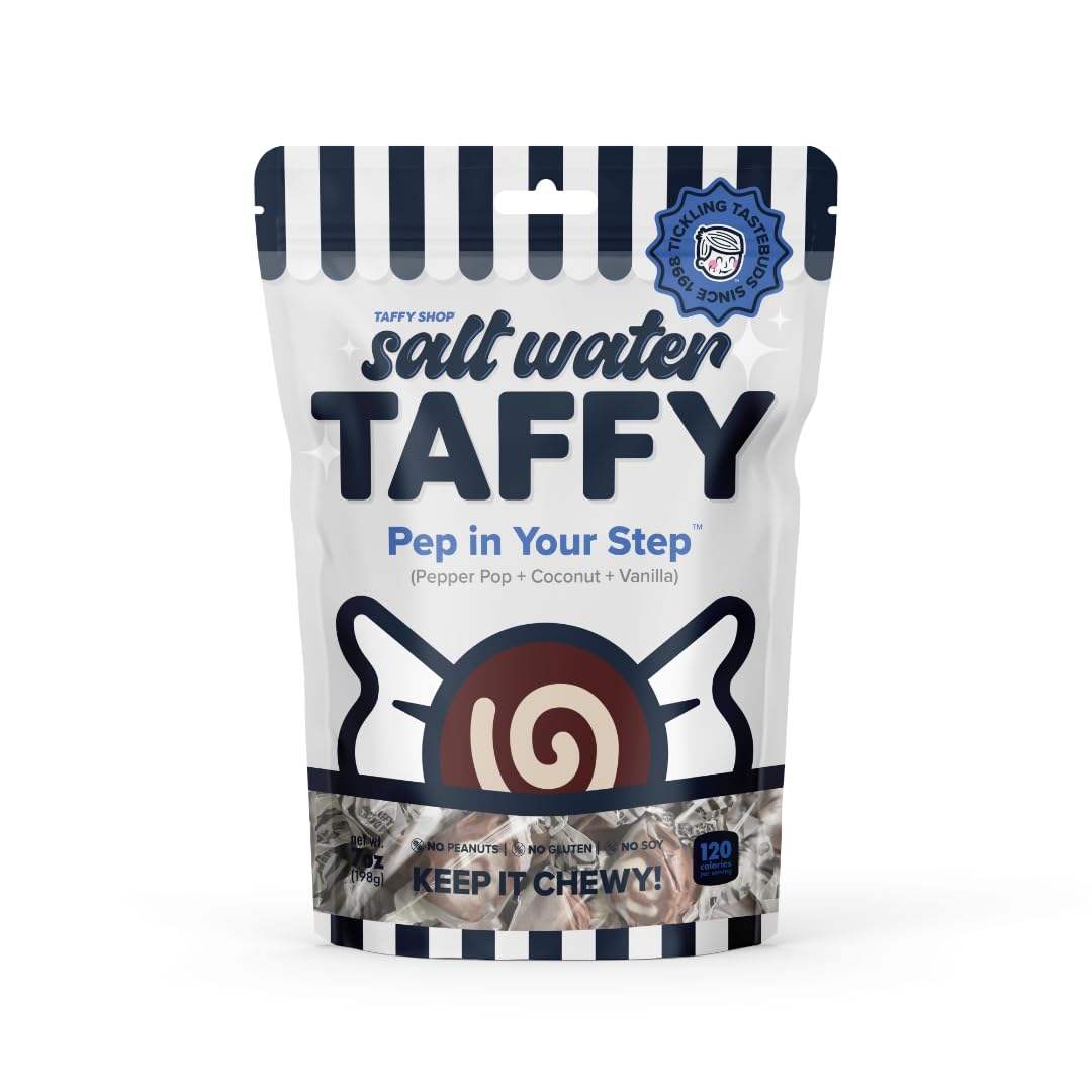 Taffy Shop Pep in Your Step, Pepper Soda Pop Coconut Vanilla Salt Water Taffy - Gourmet Soft Chewy Candy, Bulk Sweet Snack, Fres