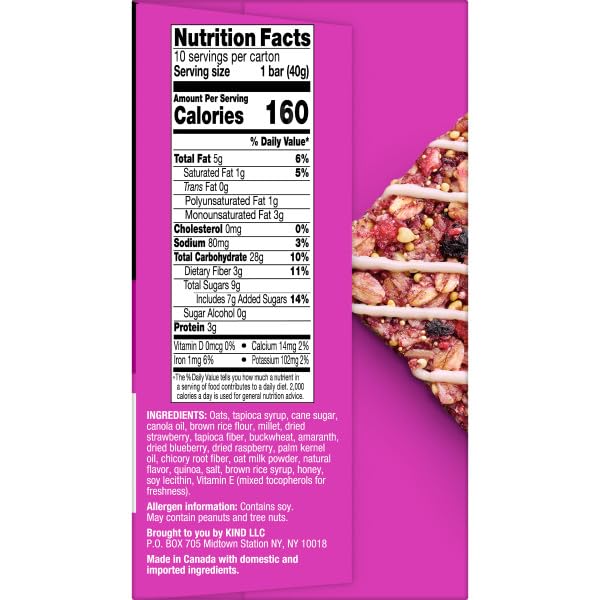 KIND Healthy Grains Energy Bars  Mixed Berry  19g Whole Grains  Made with Super Grains  Gluten Free Snacks  5 Ct  7.1oz