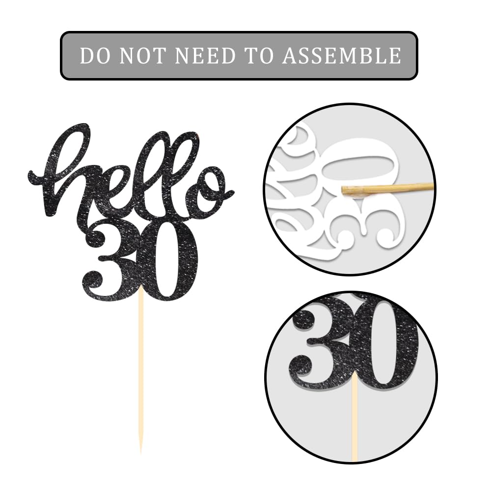 BCHOCKS 24 Pcs Cupcake Toppers - Black Glitter for 30th Birthday Party Decorations