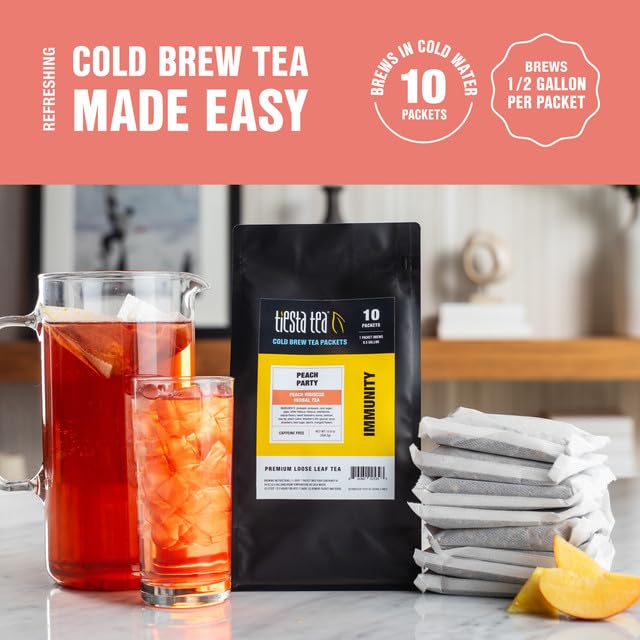 Tiesta Tea Peach Party Cold Brew Herbal Tea, Non-Caffeinated, 10 Pack, Makes 64 oz Per Bag, 2qt Pitcher Packs
