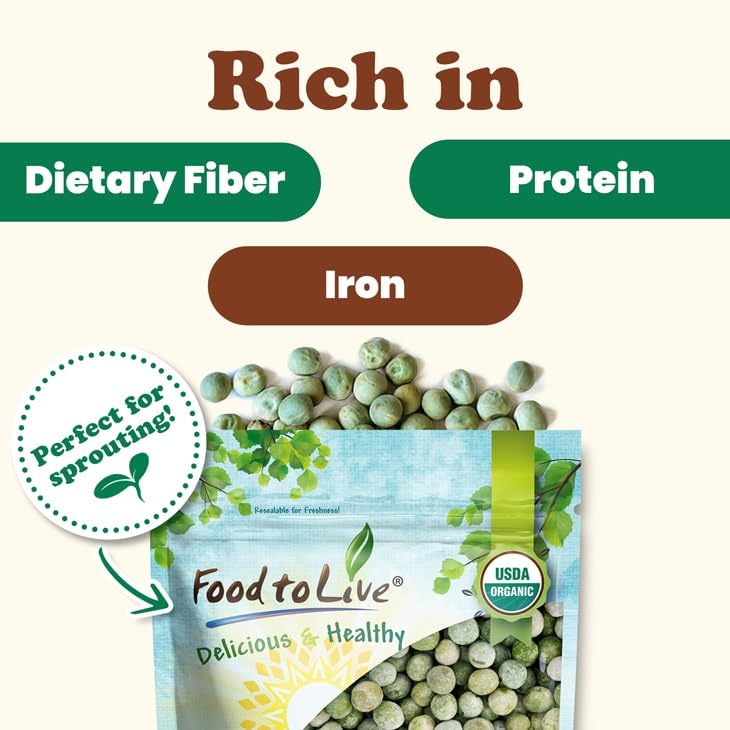 Food to Live Organic Whole Dried Green Peas, 10 Pounds - Non-GMO, Green Vatana, Sproutable, Vegan, Kosher, Bulk. Pre-Soak Needed