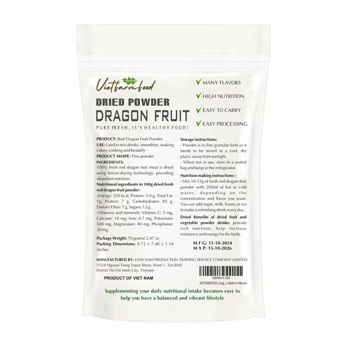 Red Dragon Fruit Powder 2.47 Oz (70G) Vietfarmfood: Freeze-Dried Extracted From 100% Pure, Sugar-Free. Used To Mix Mixed Drinks