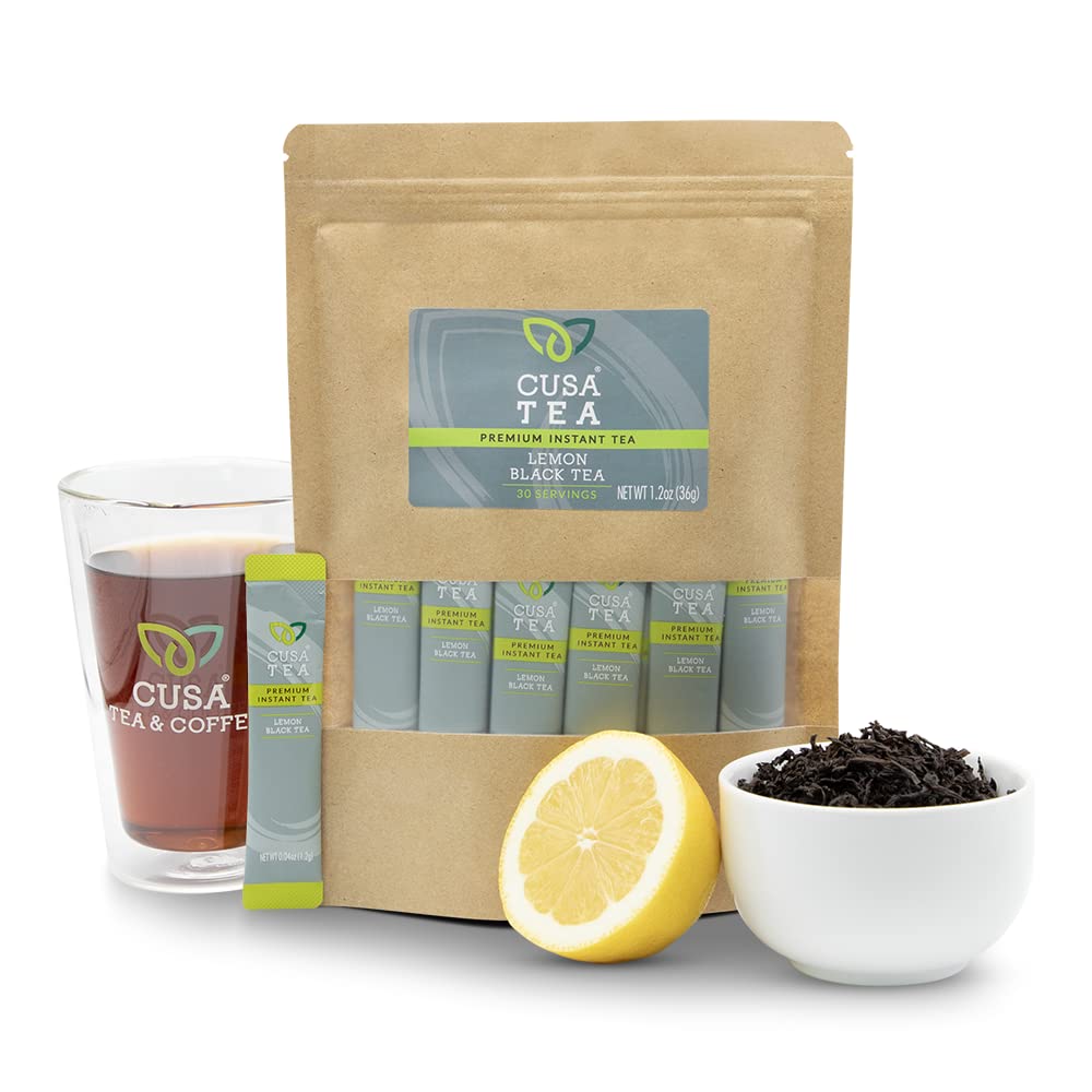 Cusa Tea Premium Instant Lemon Black Tea with Real Fruit & Spices, 30 Count, Organic Drink Mix Packets for Hot or Iced Tea