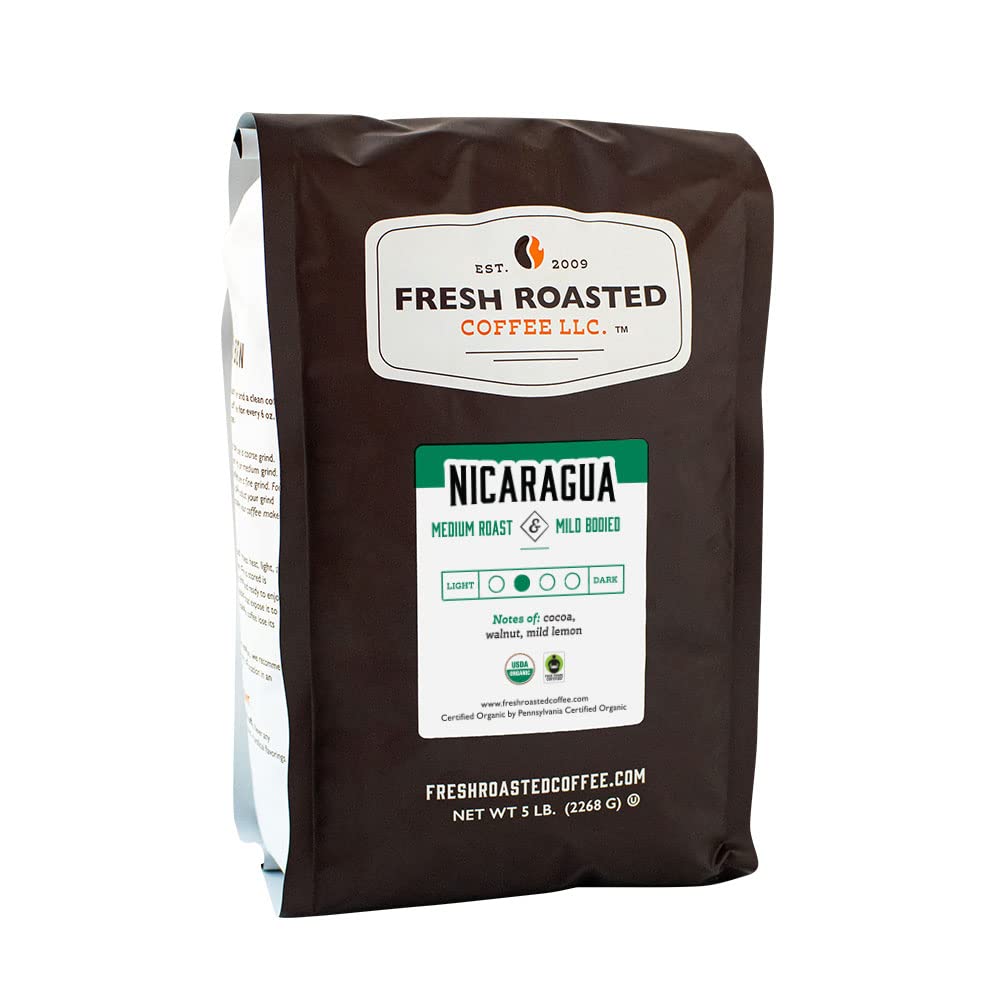 Fresh Roasted Coffee, Organic Nicaragua, 5 Lb (80 Oz), Medium Roast, Fair Trade Kosher, Ground