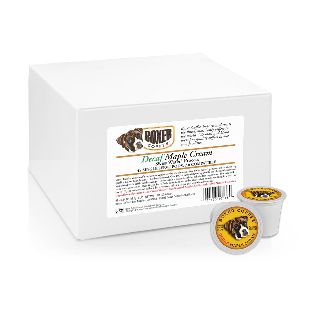 Boxer Coffee Decaf Pods - Maple Cream Flavor - 48 Count - Compatible with Keurig K-Cup - Specialty Grade Medium Roast