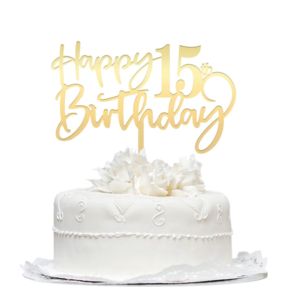 Mirrored Gold Acrylic 15Th Birthday Cake Topper - Durable Party Decorations, 'Hello 15' & 'Happy 15' Designs
