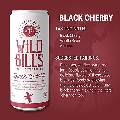 Wild Bills Black Cherry Soda - Classic Craft Soda, Caffeine Free, Gluten Free, Vegan, 12 Oz, 12 Pack