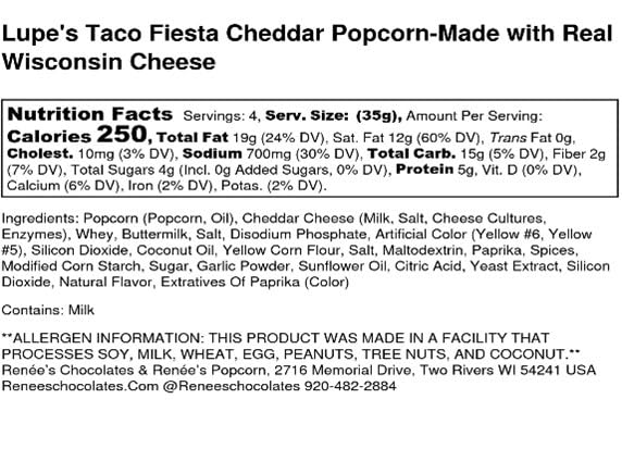 Ren  Es Lupes Taco Fiesta Gourmet Popcorn - Real Wisconsin Cheddar Cheese, Zesty Taco Seasonings Are Savory On Fresh Popped Corn