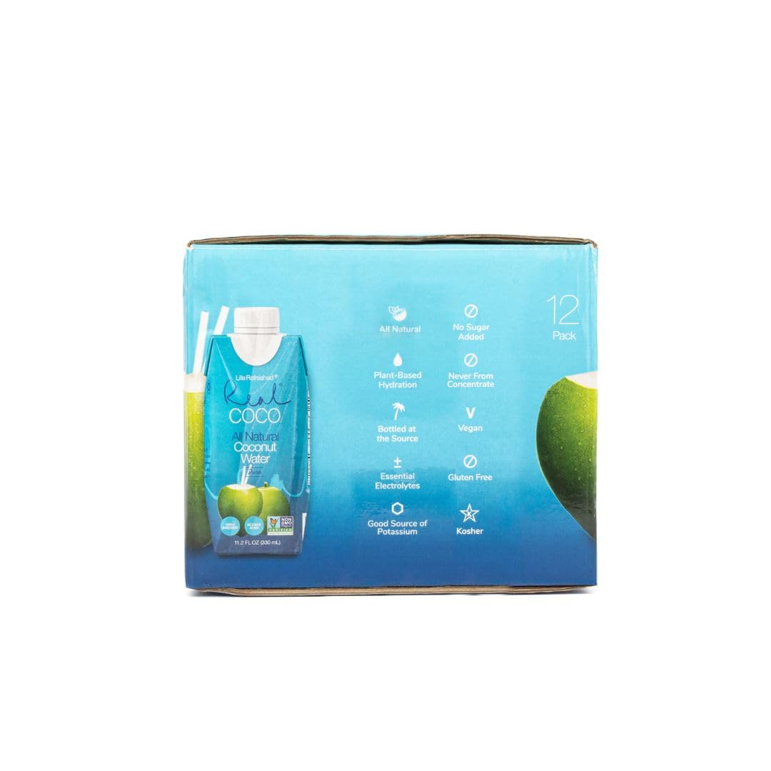 Life Refreshed Real Coco All Natural Pure Coconut Water, 12-Pack 330mL, No Added Sugar, Vegan, Electrolyte-Rich, Plant-Based Refreshment