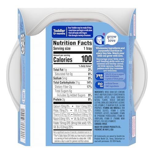 Gerber Toddler Food, Baby Food, Breakfast Oatmeal With Barley, Vanila Berry Flavor, Cereal, Iron Helps Support Brain Development, 8 Pack