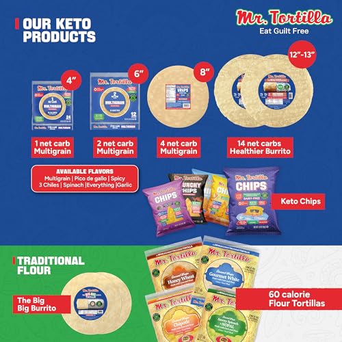Mr. Tortilla Keto-Friendly 4 Net Carb Tortillas - Fresh Delicious Soft Taco Shells - Healthy Keto Food Wraps - Organic Wheat Flo