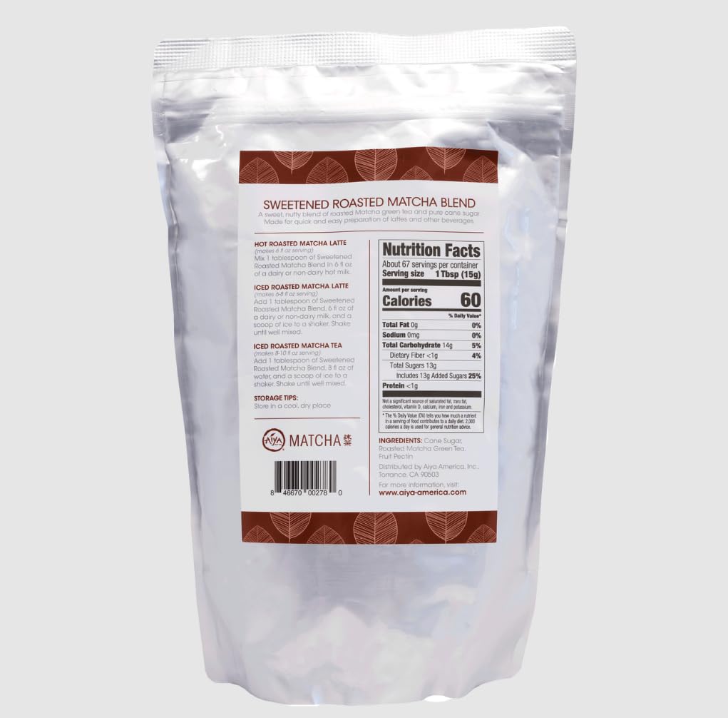 Aiya Sweetened Roasted Matcha Blend - Hojicha - Nutty Roasted Green Tea Powder With Cane Sugar - Perfect For Lattes & Smoothies