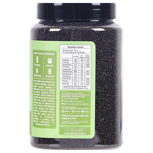 Urban Platter Basil Seeds Jar | 24.69 Oz (700G) | Tukmaria, Sabja Seeds | Rich In Fibre | Natural Cooling Superfood | Perfect For Falooda, Drinks, Smoothies & Desserts