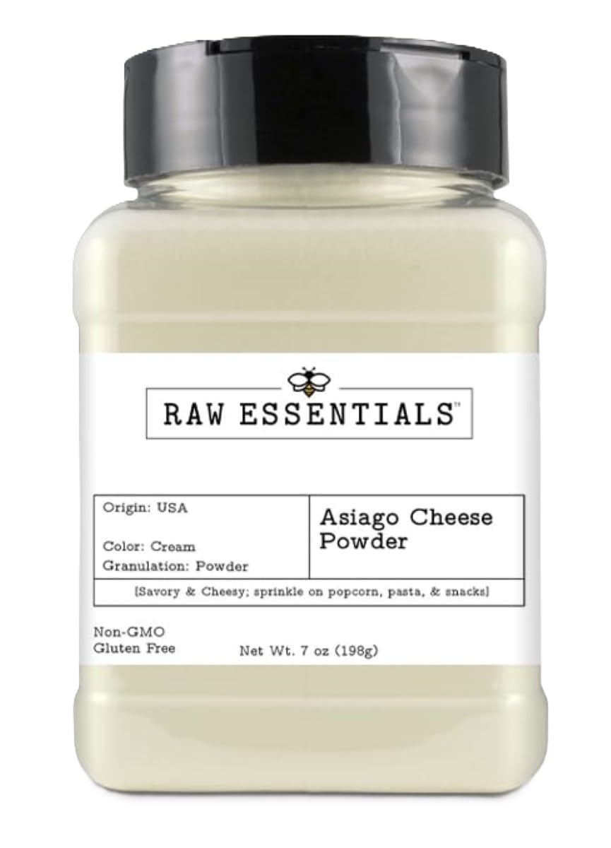 Raw Essentials White Asiago Cheese Powder - Irresistible Creaminess And Umami Depth For Pasta  Pizza  Snacks  And More - Savory & Cheesy - 7 Ounce Bottle