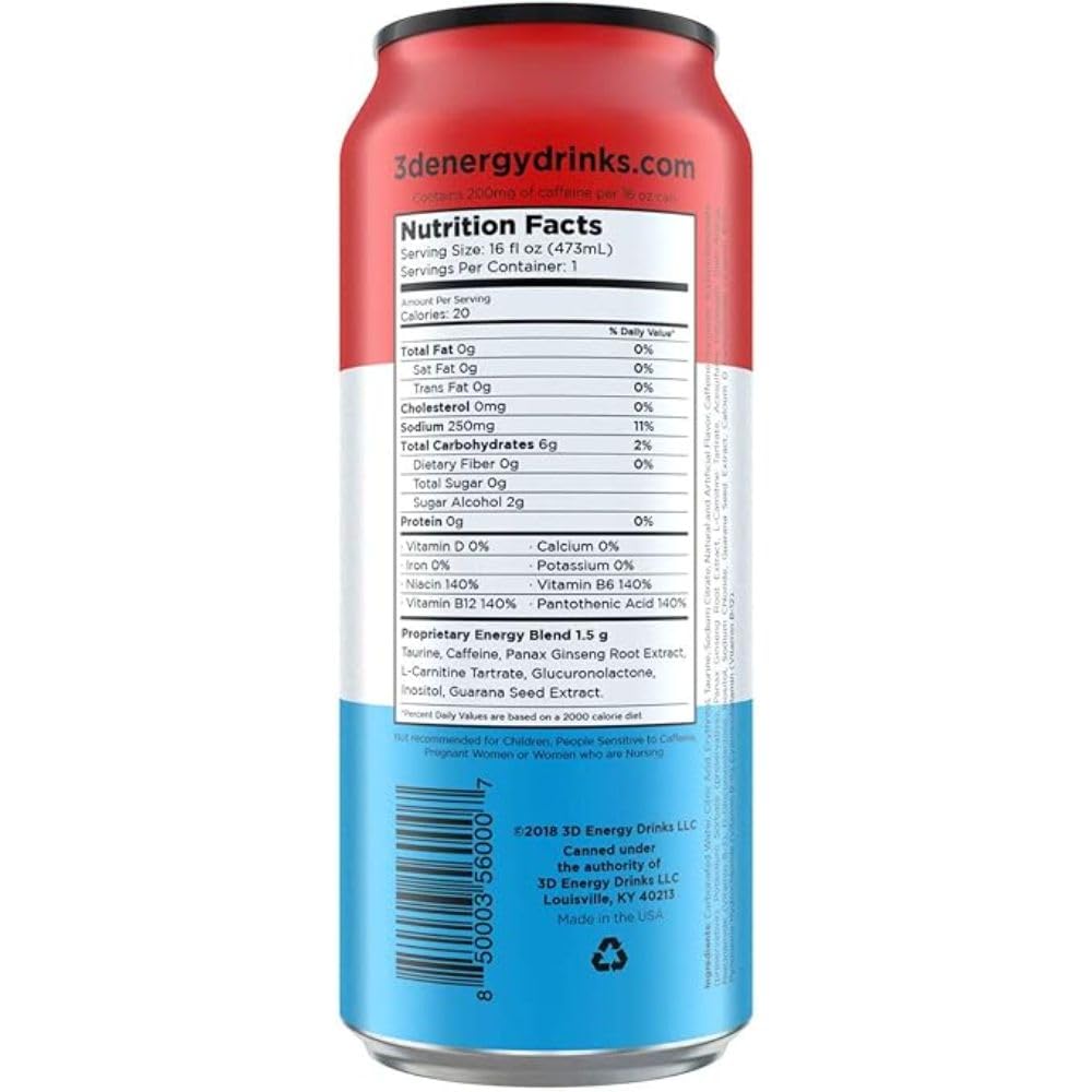 3D Energy Liberty Pop | Sugar Free Energy Drink | Pre Workout Energy | 200Mg Caffeine With Taurine And L-Carnitine | 16 Fluid Ounce | 12 Pack | Red, White And Blue