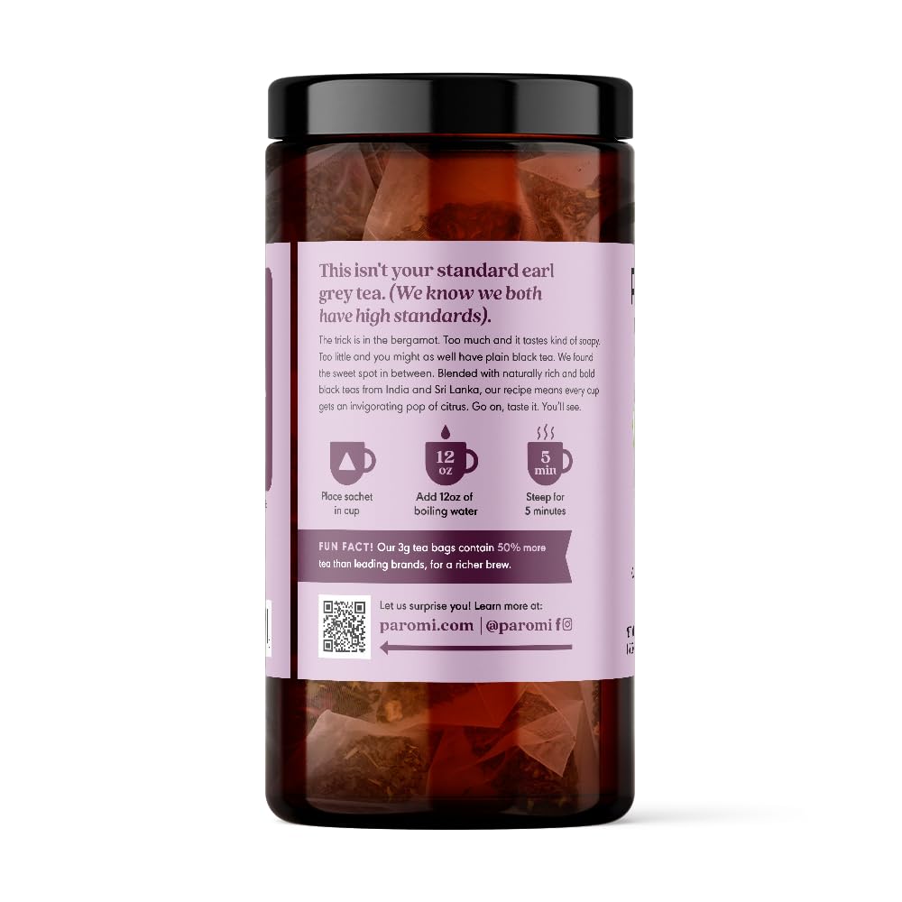 Paromi Earl Grey Organic Black Tea, Signature Jar, 15 Count (Pack Of 6)